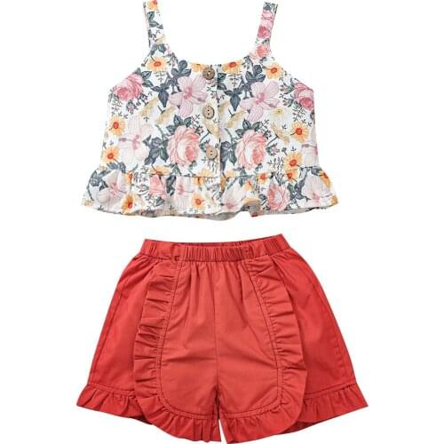 2021 0-5Y Casual Kids Baby Girl Clothing Set Button Floral Print Sleeveless Top Vest+Solid Shorts Summer 2pcs Outfits