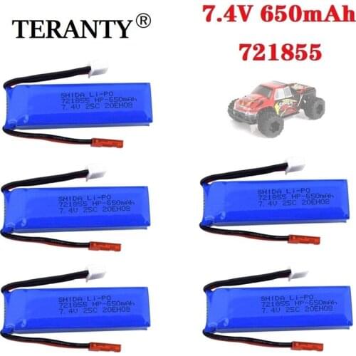 5PCS 7.4V 650mAh Lipo Battery for WLtoys A202 A212 A222 A232 A242 A252 4WD RC Car with jst plug 7.4v toys accessory