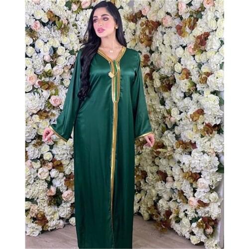 Arabic Dresses for Women Fall 2021 Golden Ribbon Patchwork V Neck Long Sleeve Maxi Dress Muslim Turkish Clothing Satin
