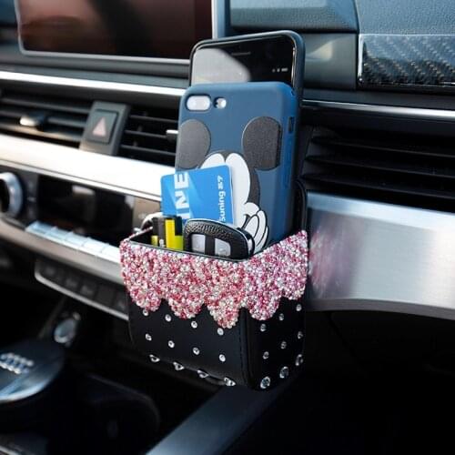 Car air outlet bracket PU leather diamond storage box mobile phone holder jewelry makeup accessories storage box sundries bag