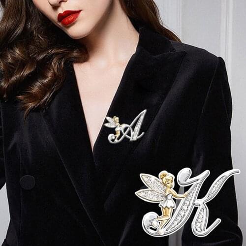 Metal Crystal Brooch Pin For Women Girls A-Z 26 Letters Flower Fairy Brooches Lovely Fairy Wing Brooch Pins Jewelry