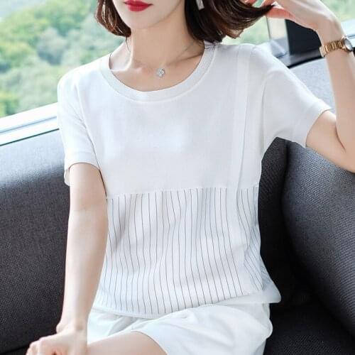 Short Sleeve T-shirt Womens Summer Stripe Round Collar Korean Casual Loose Tee Female Leisure Thin Knitted Tops T-shirts H9270