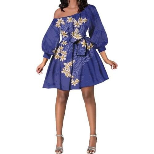 Hycool Wholesale Blue Floral Summer Plus Size Girl Bow Dating Dress Princess Puffy Sleeve Women Off Shoulder Dress Sexy Clubwear
