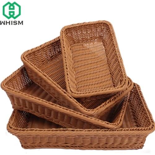 S/M/L Storage Basket Handmade Rectangular Rattan Organization Plastic Wicker Bread Holder Fruit Vegetable Snack Food Container