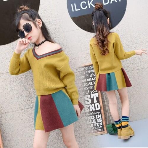 Girls' Suit 2017 New Winter Knitting Sweaters Short Skirts Sweaters Two Pieces Sets