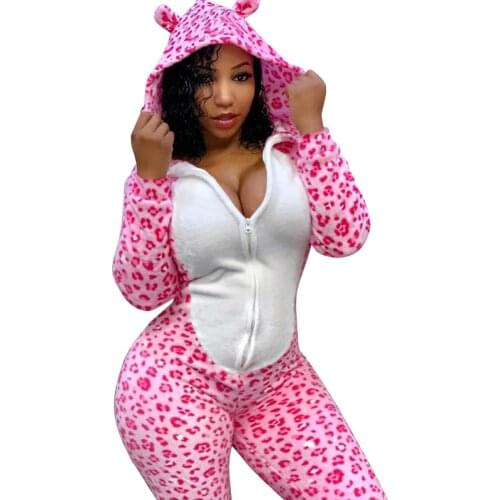 Leopard Pajama Adult Animal Raccoon One Piece 3D Ear Hoodie Jumpsuit Women Winter Pajamas Suit Nightie Sleepwear Cotton Homewear