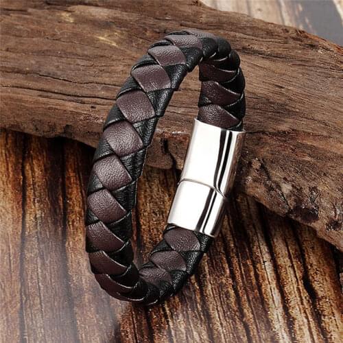 Men Genuine Leather Bracelet 2019 Braided Stainless Steel Magnet Clasp Bracelets Simple Leather Bracelet Men Jewelry pulseras
