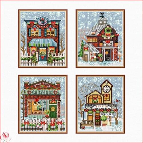 Christmas Cottage Embroidery Cross Stitch Kit Counted 11CT 14CT Printed Stamped DIY Needlework Home Decoration Craft Thread Set