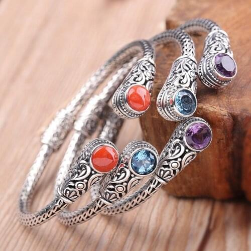 2020 new real S925 pure silver jewelry woman bracelet Thai silver handmade Indonesian style natural stone bracelet