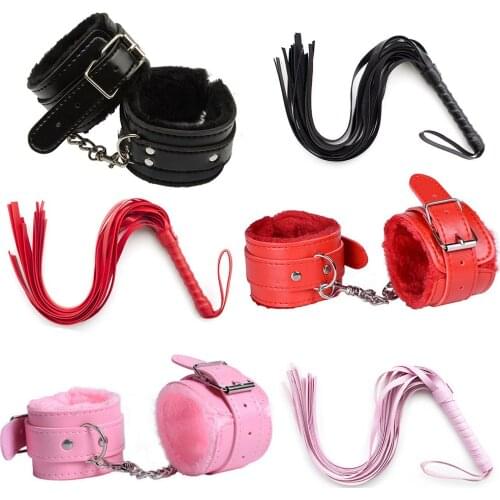 New PU Leather Handcuff With Whip Sex Toys Bondage Set Erotic Accessories Furry Fur Handcuffs Slap Spanking For Couple Game