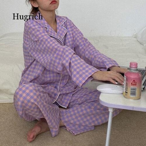 Autumn Pajama Sets Ulzzang Plaid Preppy Long Sleeve Soft Lovely Girls Nightwear Loose Trendy Daily Chic 2 Piece Womens Sleepwear