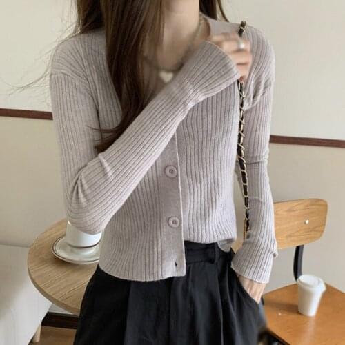 Autumn Knitted Sweater Cardigan Women Button Jacket V-neck Thin Slim Long Sleeve Tops YTUW1