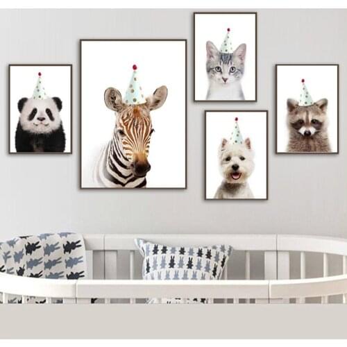 Panda Zebra Dog Cat Raccoon Hat Animal Wall Art Canvas Painting Nordic Posters And Prints Wall Pictures Baby Kids Room Decor