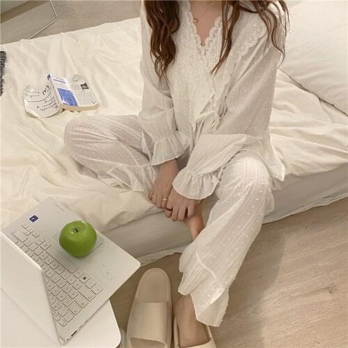 Womens Pajamas Korean Elegant Casual Lace Pure Color Cotton Sleepwear Suit Sweet Palace Style Home Clothes 2 Piece Set Autumn