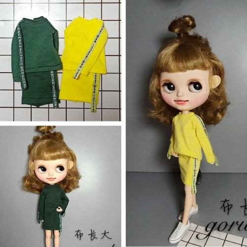 Casual Long-sleeve T-shirt and Skirt Fashion Girl Clothes for Doll yellow/green Hoodie for blyth,OB24,Azone 1/6 Doll Accessories