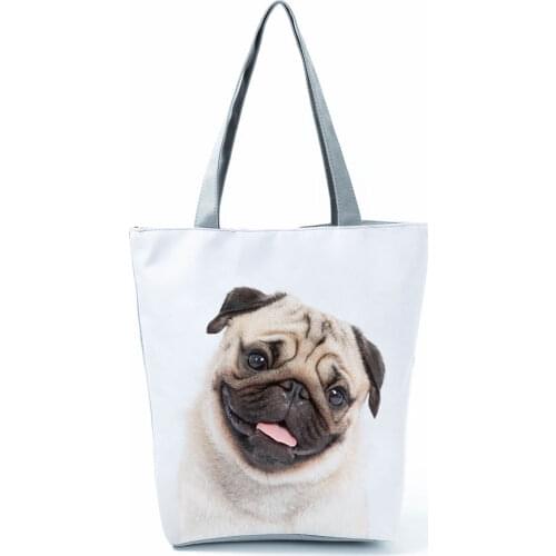 Casual Pug Printed Handbag Creativity Animal High Capacity Eco Reusable Shopping Bag Cute Dog Graphic Travel Tote Custom Pattern