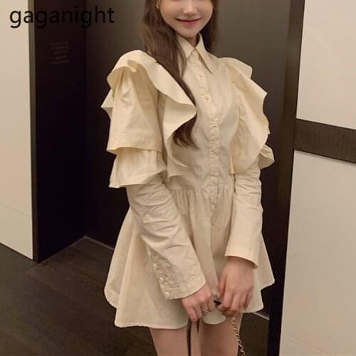 Gaganight Casual Long Sleeve Shirt Dress Female Stand Collar Black Apricot Mini Dress Women Ruffle A-Line Dresses Spring Vestido