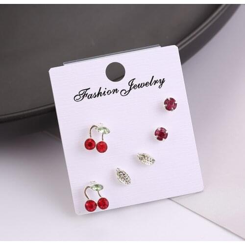 Red Crystal Cherry Leaves Stud Earrings for Women 2019 New Fashion Jewelry Girls Cute Earrings Set 3 Pairs with Card