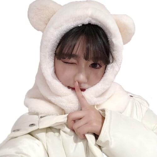 H7737 Bear Ear Bomber Hat Girl Sweet Winter Warm Thickened Neck Ear Protection Lovely Cap Plush Pure Color Korean Women Cute Cap