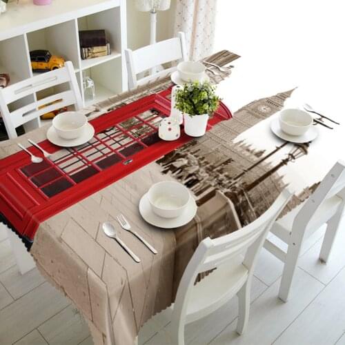 3d Streetscape Tablecloth Red Telephone Booth and Bus in London Street Washable Thicken Rectangular Table Cloth for Wedding
