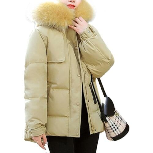 Womens Down Jacket White Duck Down Hood Fox Fur Collar Single-Breasted With Zipper Solid Color Womens Warm Top Fashion Casual