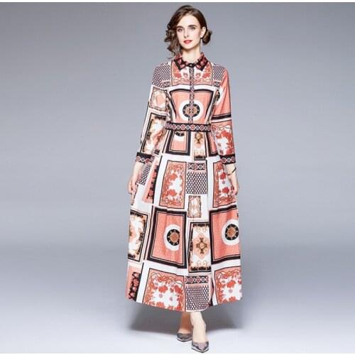 New Fashion Fall Runway Maxi Dress Womens Full Sleeve Single-Breasted Turn Down Collar Printed Elegant Party Long Dress vestido