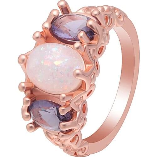 Hainon Oval Opal Finger Rings For Women White And Purple Stone Rose Color Filled Jewelry Fashion wedding Rings For Party