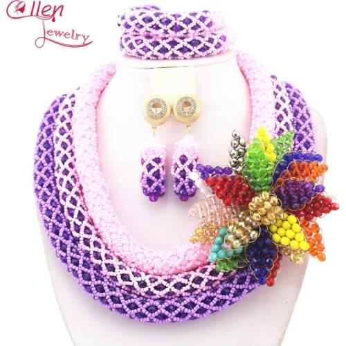 Fashionabl Delicate 3 Layers Golden Crystal Nigerian Wedding African Beads Jewelry Set Dubai Beads Bridal Jewelry Set N0024