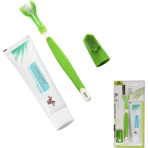 New Pet Toothbrush Toothpaste Set Cat And Dog Oral Hygiene Teeth Cleaning Dental Calculus Removing Three Head Toothbrush