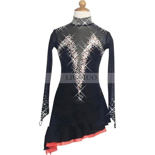 Figure Skating Dress Womens Girls' Ice Skating Dress Competitive performance clothing Black Stand collar long sleeve Pretty