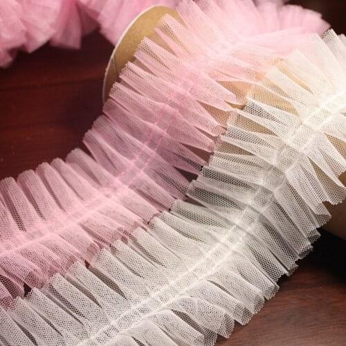 41Yards White Pink Mesh Ruffle Pleated Lace Trims for Dress Sewing Craft 6cm Fabric Apparel Accessories