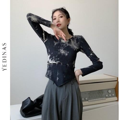 Yedinas Walf Checks Tie Dye Crewneck Long Sleeve Top Women Tshirt Asymmetrical Top Black Designer T Shirt Fashion Hollow Out