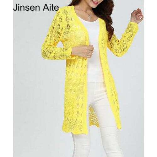 Jinsen Aite New Spring Summer Solid Women Sweater Long Sleeves Pocket Sunscreen Shirt Hollow Out Thin Casual Multicolor JS590