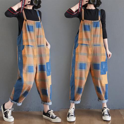 #2334Spring Vintage Rompers Womens Jumpsuit Loose Spliced Color Plaid Wide Leg Jumpsuit Ladies Retro Casual Denim Overalls Women