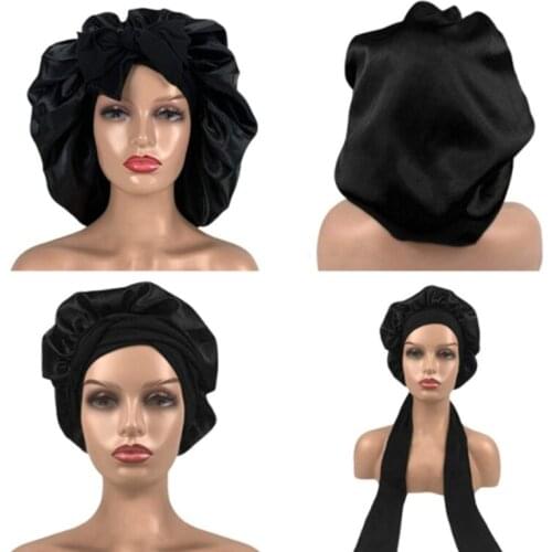 1 Piece Girls Women Polyester High Elastic Night Sleeping Shower Cap Hair Bonnet Hat Head Cover Satin Turban Lace Up Shower Cap