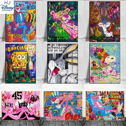 Disney Graffiti Pink Panther Bugs Bunny Money Canvas Painting Poster and Prints Cuadros Street Wall Picture for Room Home Decor