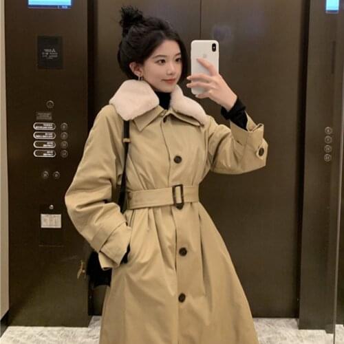 Long Trench Coat Windbreaker Winter Plus Padded Warm Coat Lady Elegant Single-breasted black Khaki Casual Outerwear With Belt