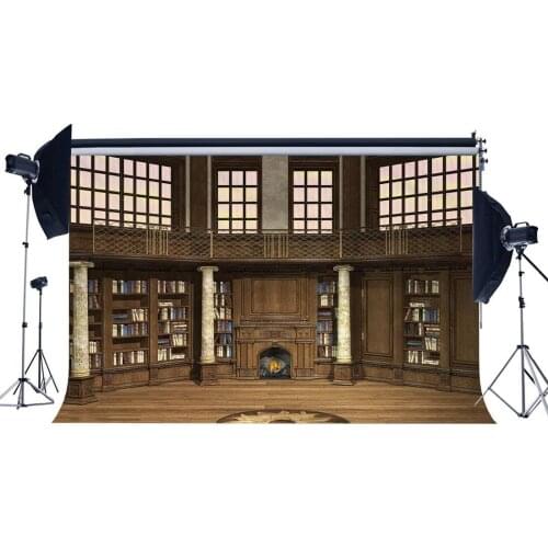 Bookshelf Backdrop Old Library Fireplace Stone Pillars Vintage Window Magic Books Rustic Wood Floor European Interior Background