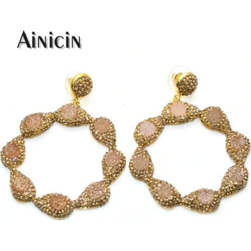 Fashion Rhinestone Crystal Paved Resin Druzy Big Circle Annulus Shape Dangle Earrings For Mother Girls Birthday Gift Jewelry