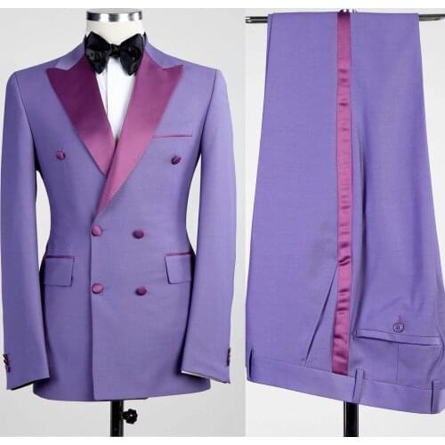 Fashion Purple Men Blazer 2 Piece Groom Tuxedos For Wedding Formal Prom Suit (Jacket+Pants) Chic Streetwear Double Breasted