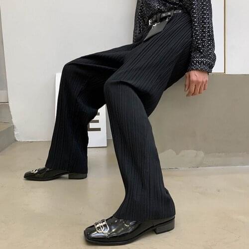 Mens New Black Pleated Long Trousers Straight Loose Pants Chic F2