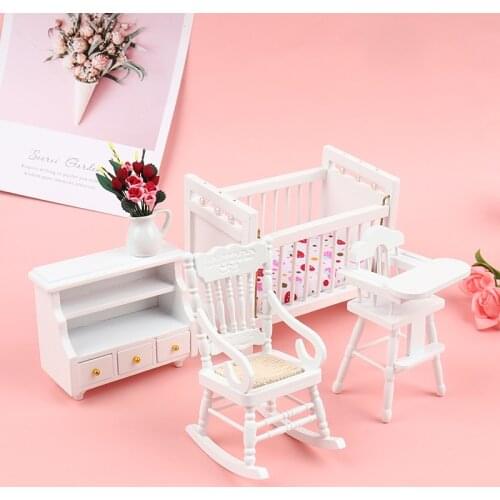 5Pcs/Set 1:12 Dollhouse Miniature Babys Room Furniture Set Crib Closet High Chair And Vase Decoration