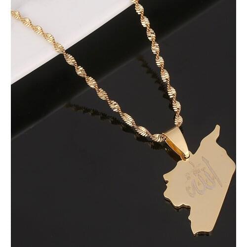 Stainless Steel Syria Map Pendant Necklace With Allah Name Gold Color Syrians Map Jewelry