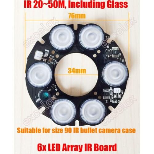 6x Array LED IR 20 - 50 Meters DC 12V Size 90 PCB Board 76x34mm Night Vision Infrared for CCTV Bullet Camera Casing Tube Case