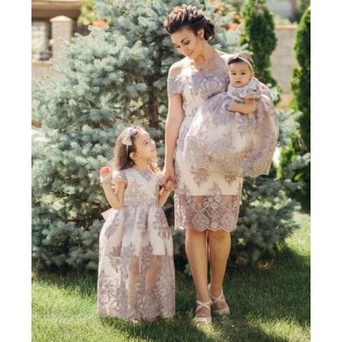 Pink Mother Daughter Matching Dress Toddler Baby Ball Gown Christening Dresses Lace Appliques Baptism Gown First Communion