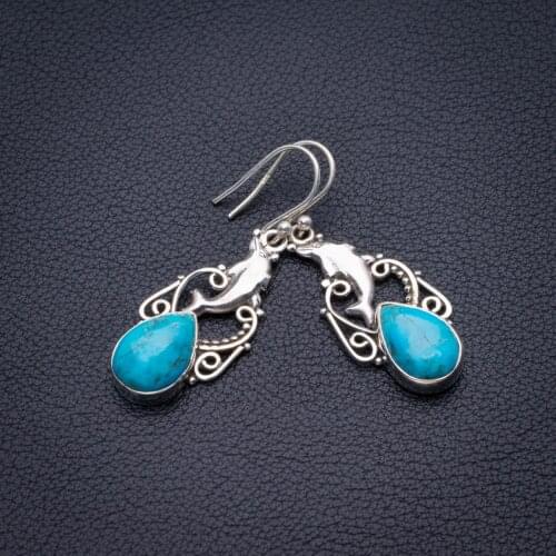 Natural Turquoise Dolphin Handmade 925 Sterling Silver Earrings 1.5" D3475