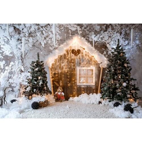 Seekpro Photography Background Happy Birthday Merry Christmas Wood Cottage Party Snow Trees Backdrop Photo Background Photocall