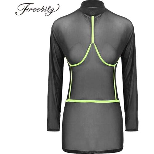 Summer Sexy Women See-Through Sheer Mesh Dress High Neck Long Sleeve Mini Bodycon Clubwear Beachwear Party Festival Rave Costume