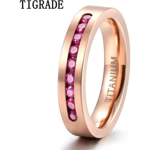 TIGRADE Rose Gold Titanium Ring For Women 4mm Party Wedding Band Rose Cubic Zirconia Inlay Female bague femme Men 8mm for Couple