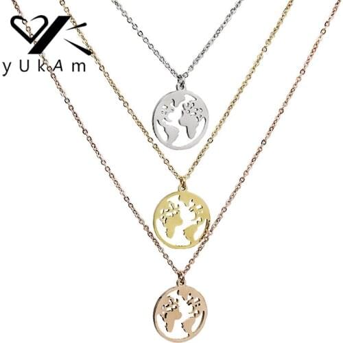 YUKAM High Polished Stainless Steel Globe World Map Pendant Necklace Travel Planet Earth Necklace Silver Color Rose Gold Jewelry